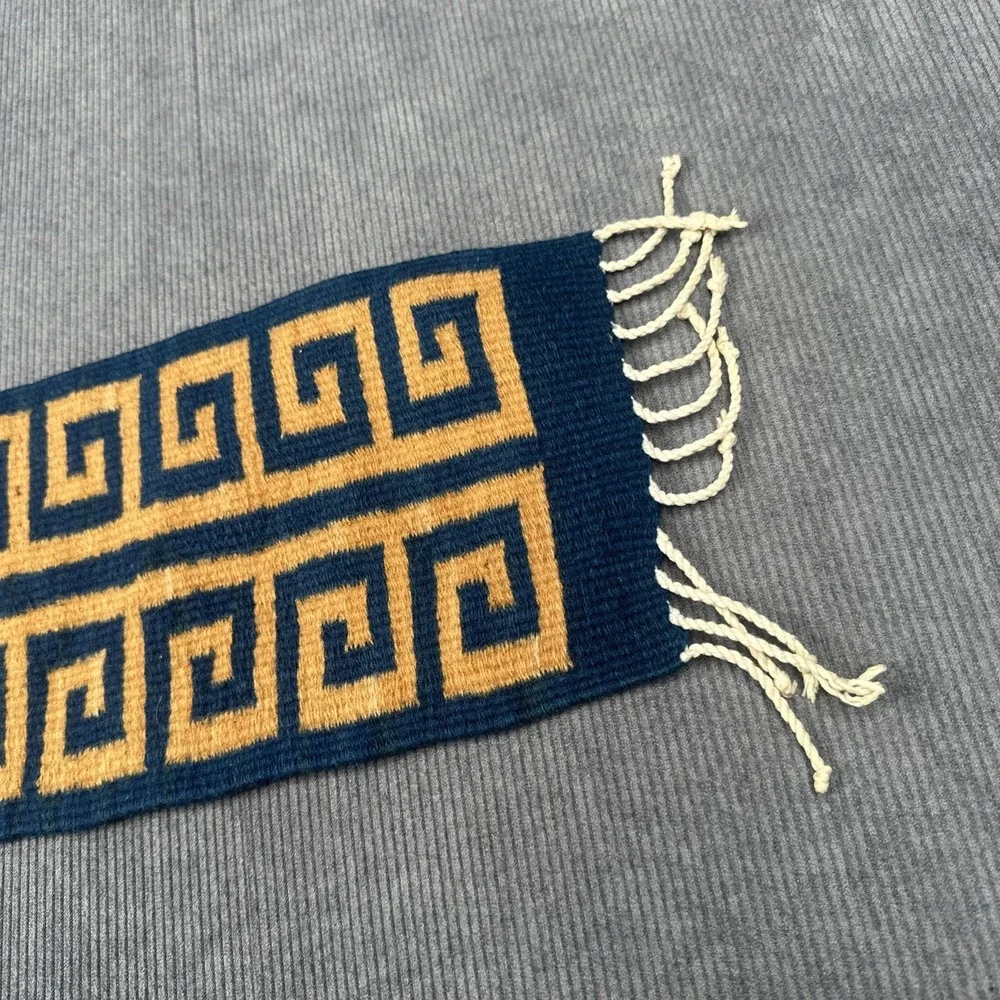 Handwoven Wool Greek Key Runner Navy Blue Mustard‎ Yellow Geometric Textile 26x8